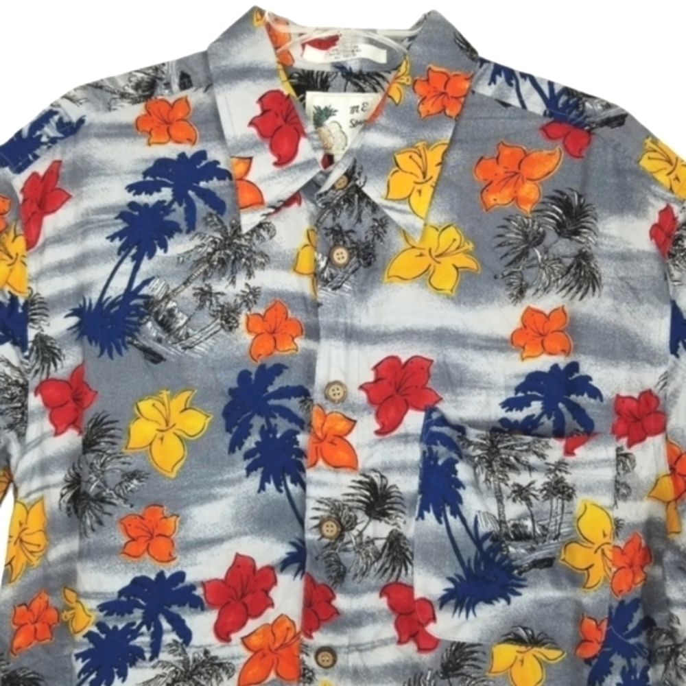M E Sport Mens Hawaiian Button Up Shirt Palm Trees Flowers Multi Size Large